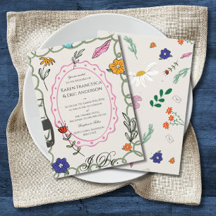 Whimsical Floral Folk Art Wedding Hand Drawn  Invitation