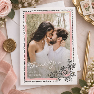 Whimsical Floral Frame Photo Wedding Thank You Card