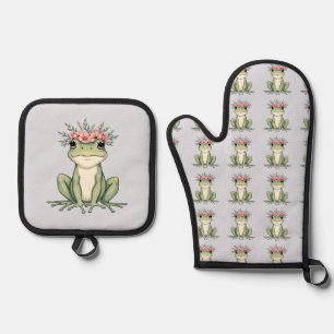 Whimsical Floral Frog Cottagecore Art Oven Mitt & Pot Holder Set