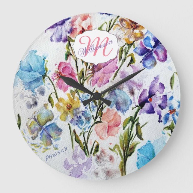 WHIMSICAL FLORAL GARDEN LARGE CLOCK (Front)