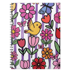 Whimsical Floral Garden Notebook Cover with Bird a