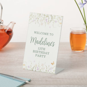 Whimsical Floral Garden Party Birthday Pedestal Sign