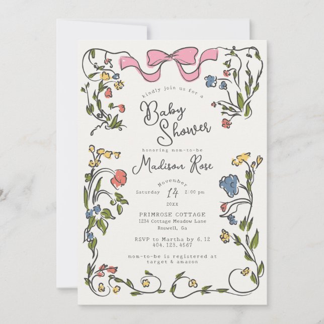 Whimsical Floral Girl Doodle Baby Shower Invite (Front)