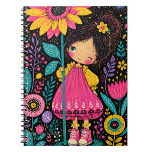 Whimsical Floral Girl Illustration Colourful Folk  Notebook