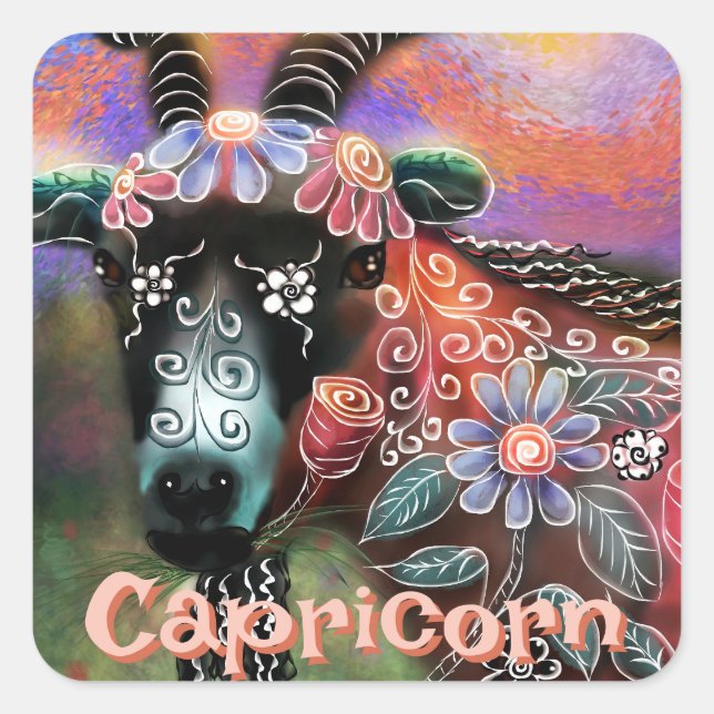 Whimsical Floral Goat Capricorn Personalised Square Sticker (Front)