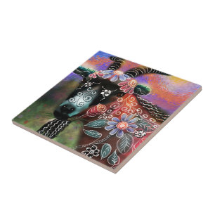 Whimsical Floral Goat Farm Animal Floral Peach Tile
