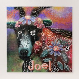 Whimsical Floral Goat Farm Animal Personalised Jigsaw Puzzle