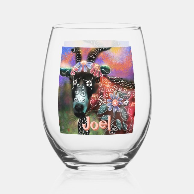 Whimsical Floral Goat Farm Animal Personalised Stemless Wine Glass (Front)