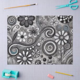 Whimsical Floral Grayscale Black White Decoupage Tissue Paper