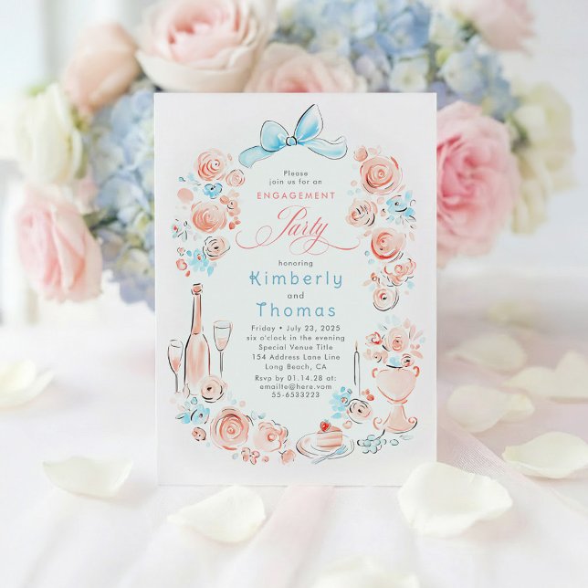 Whimsical Floral Hand Drawn Bow Engagement Party Invitation (Dusty Blue and Pink Whimsical Floral Engagement Party Invitations)