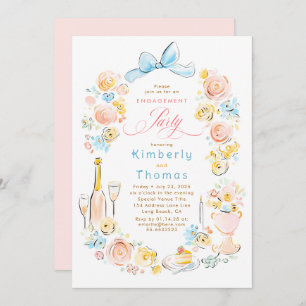 Whimsical Floral Hand Drawn Bow Engagement Party Invitation