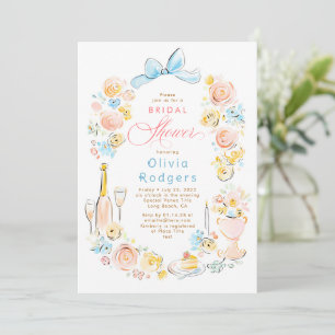 Whimsical Floral Hand Drawn Chic Bow Bridal Shower Invitation