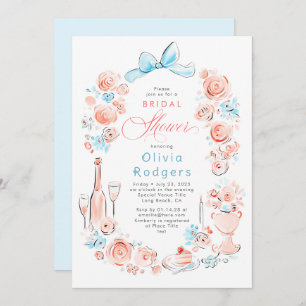 Whimsical Floral Hand Drawn Chic Bow Bridal Shower Invitation