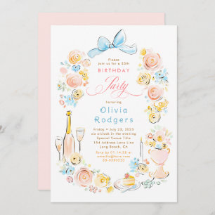 Whimsical Floral Hand Drawn Coquette Bow Birthday Invitation