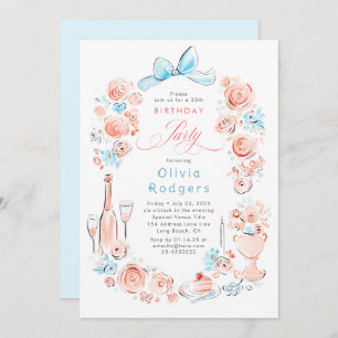 Whimsical Floral Hand Drawn Coquette Bow Birthday Invitation