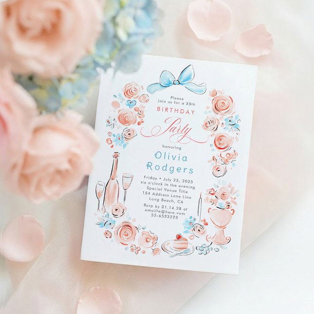 Whimsical Floral Hand Drawn Coquette Bow Birthday Invitation (Dusty Blue and Pink Hand-drawn Floral Dinner Scene Whimsical Birthday Invitation)