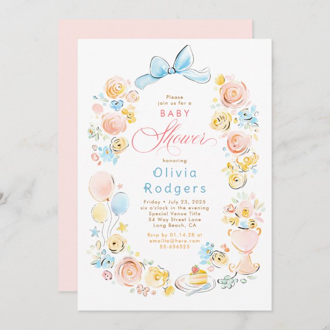 Whimsical Floral Hand Drawn Cute Bow Baby Shower Invitation (Front/Back)
