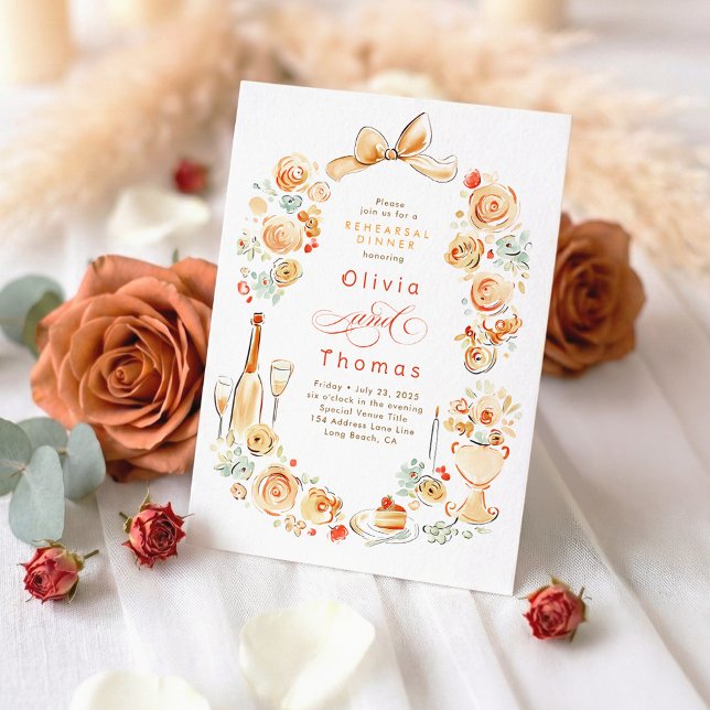 Whimsical Floral Hand Drawn Fall Rehearsal Dinner Invitation (Terracotta Whimsical Chic Rehearsal Dinner Invitation)