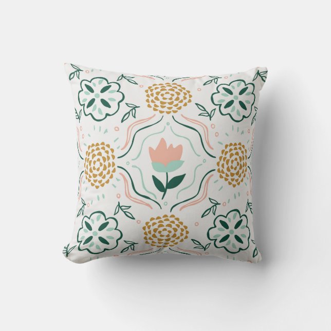 Whimsical Floral Hand-Drawn Pattern Cushion (Front)