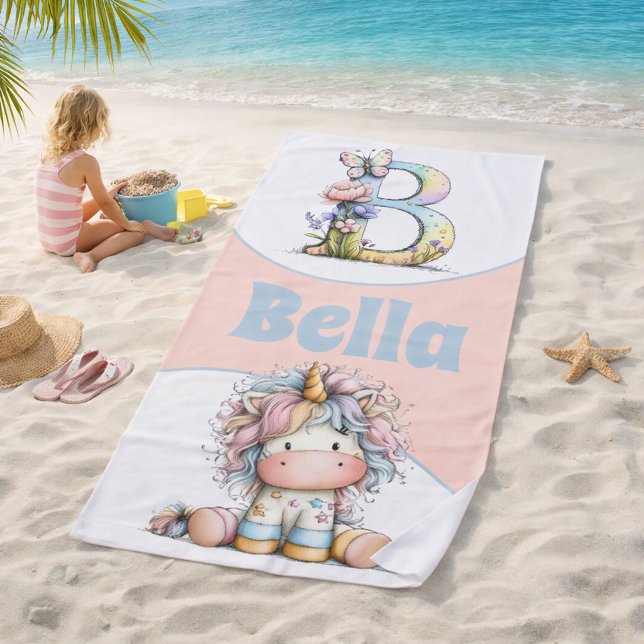 Whimsical Floral Initial With Unicorn For Kids Beach Towel (Creator Uploaded)