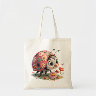 Whimsical floral ladybug tote bag