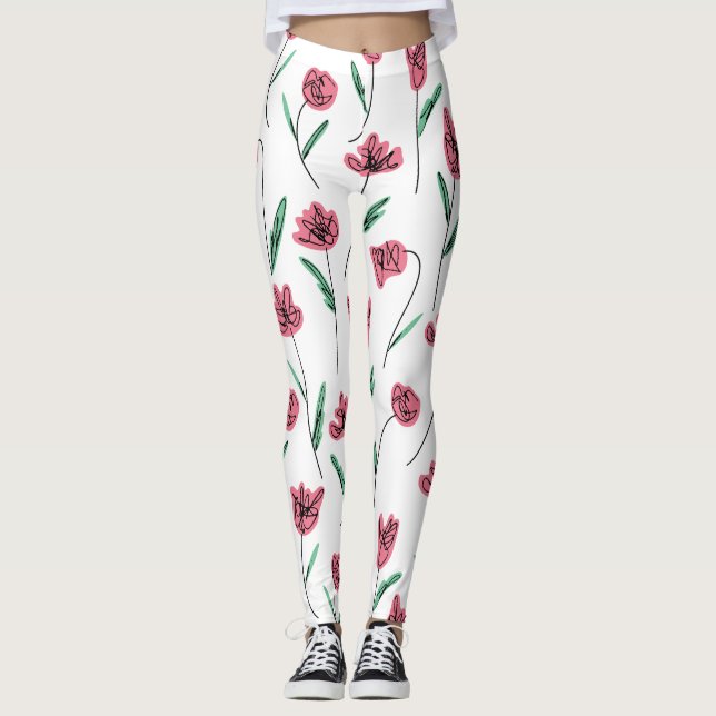 Whimsical Floral Leggings - Scribbly Flowers Pants (Front)