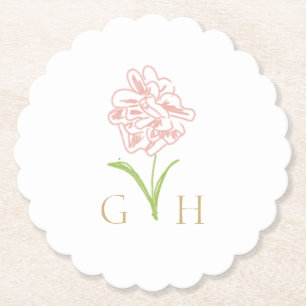 Whimsical Floral Line-drawn Rose Wedding Paper Coaster