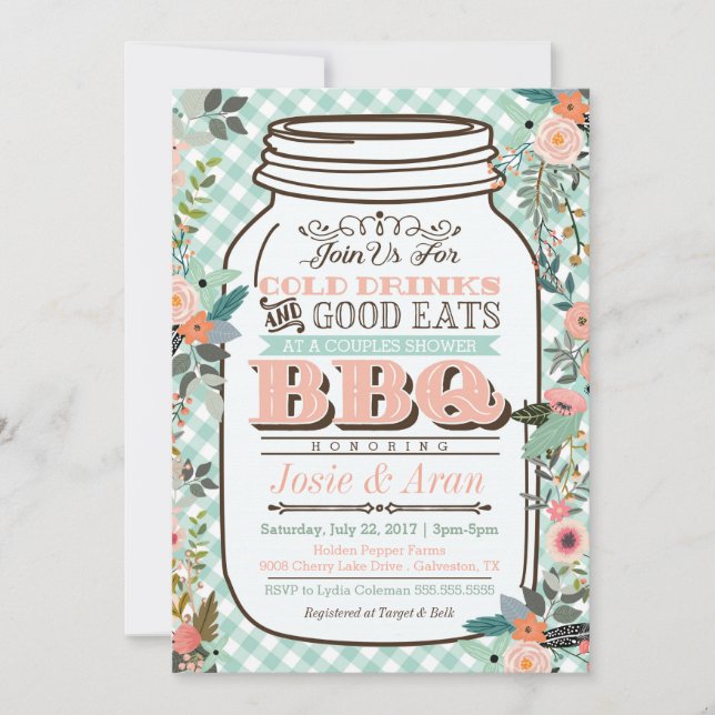 Whimsical Floral Mason Jar BBQ Invitation (Front)