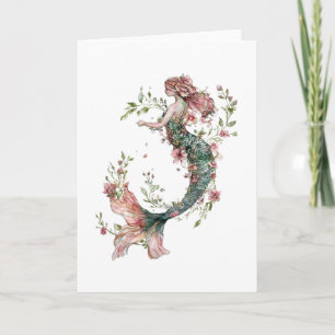 Whimsical Floral Mermaid Greeting Card – Romantic 
