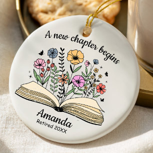 Whimsical Floral Open Book Coworker Retirement Ceramic Tree Decoration