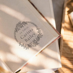 Whimsical Floral Ornate Frame Ex Libris Book Rubber Stamp