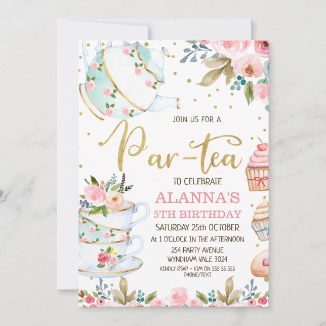 Whimsical Floral Par-Tea Tea Party Birthday Invitation (Front)