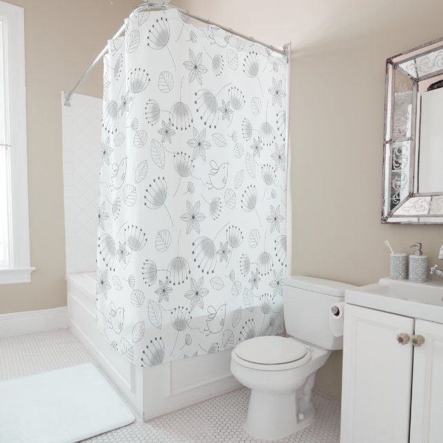 Whimsical Floral Pattern in Black and White Shower Curtain (In Situ)