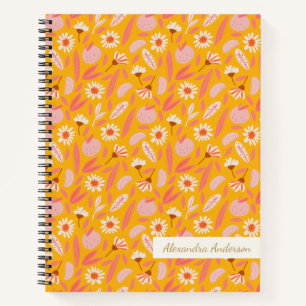 Whimsical Floral Pattern in Mustard and Pink Name Notebook