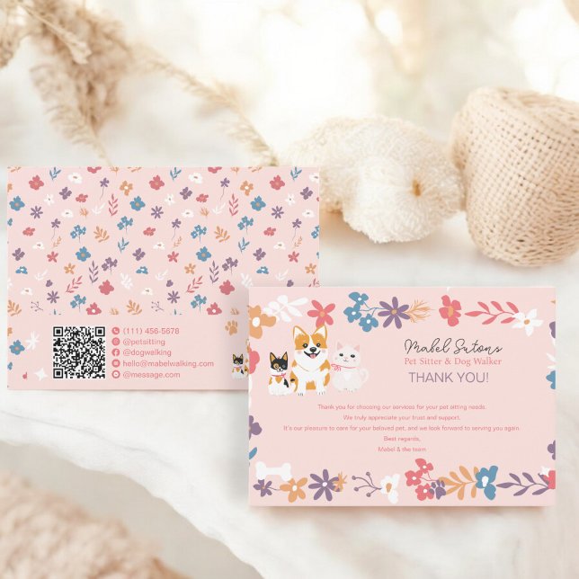 Whimsical floral pet sitter dog walker business thank you card (Whimsical floral pet sitter dog walker business thank you card)