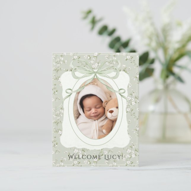 Whimsical Floral Photo Baby Birth Announcement Postcard (Standing Front)