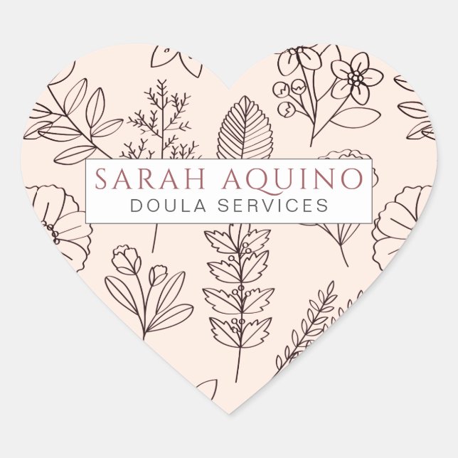 Whimsical Floral Pink Doula Or Midwife Promotional Heart Sticker (Front)