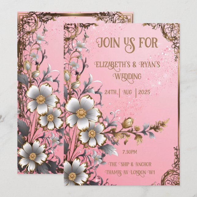 Whimsical Floral Pink Romance Wedding Invitation (Front/Back)