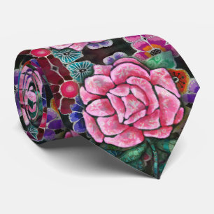 Whimsical Floral Pink Rose Art Nouveau Botanical Tie