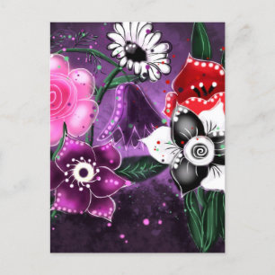 Whimsical Floral Purple Black Pink Daisy Daffodil  Postcard