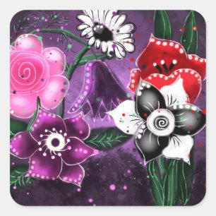 Whimsical Floral Purple Black Pink Daisy Daffodil  Square Sticker