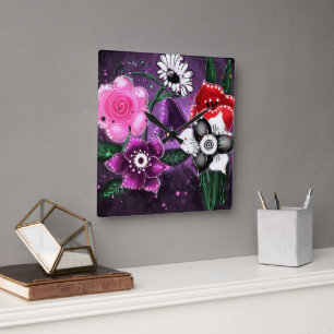 Whimsical Floral Purple Black Pink Daisy Daffodil Square Wall Clock