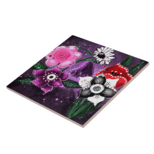 Whimsical Floral Purple Black Pink Daisy Daffodil  Tile