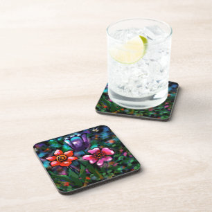 Whimsical Floral Purple Blue Pink Flower Flowers Coaster