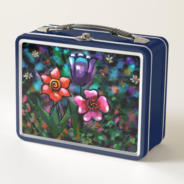 Whimsical Floral Purple Blue Pink Flower Flowers Metal Lunch Box (Front)