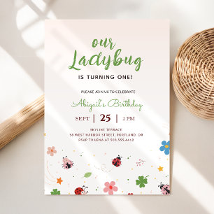 Whimsical Floral Red Cute Bug Ladybug 1st Birthday Invitation