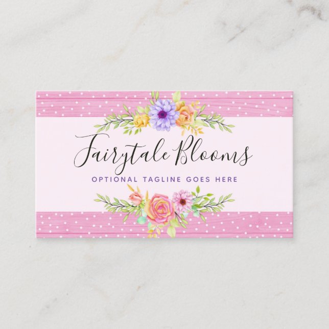 Whimsical Floral Roses & Rustic Pink Wood Girly Business Card (Front)