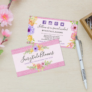 Whimsical Floral Roses & Rustic Wood Social Media Business Card