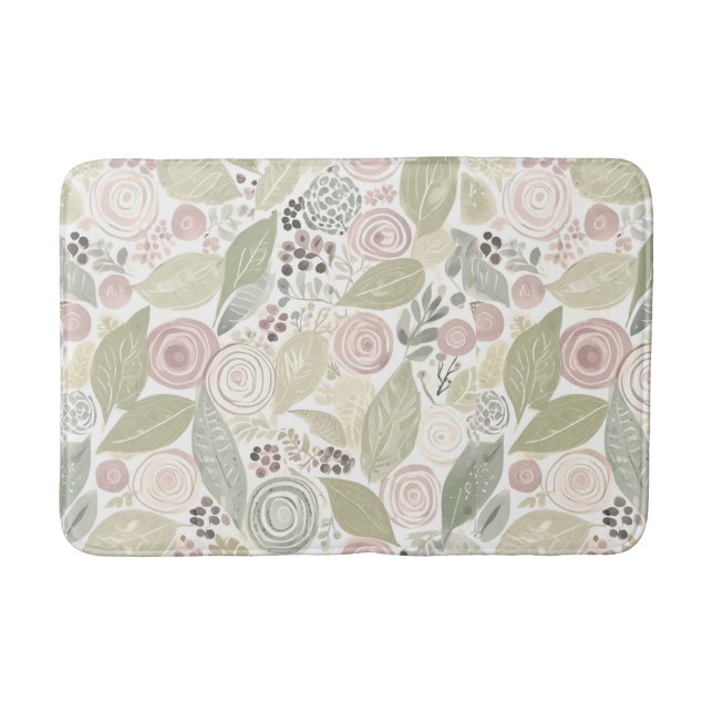 Whimsical floral, sage, rose, taupe bath Mat (Front)