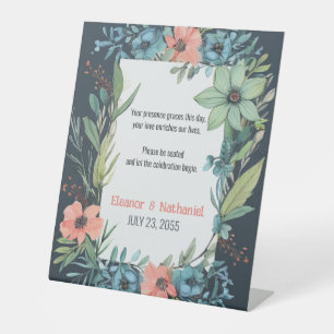 Whimsical Floral Salmon Blue Green Wedding Pedestal Sign
